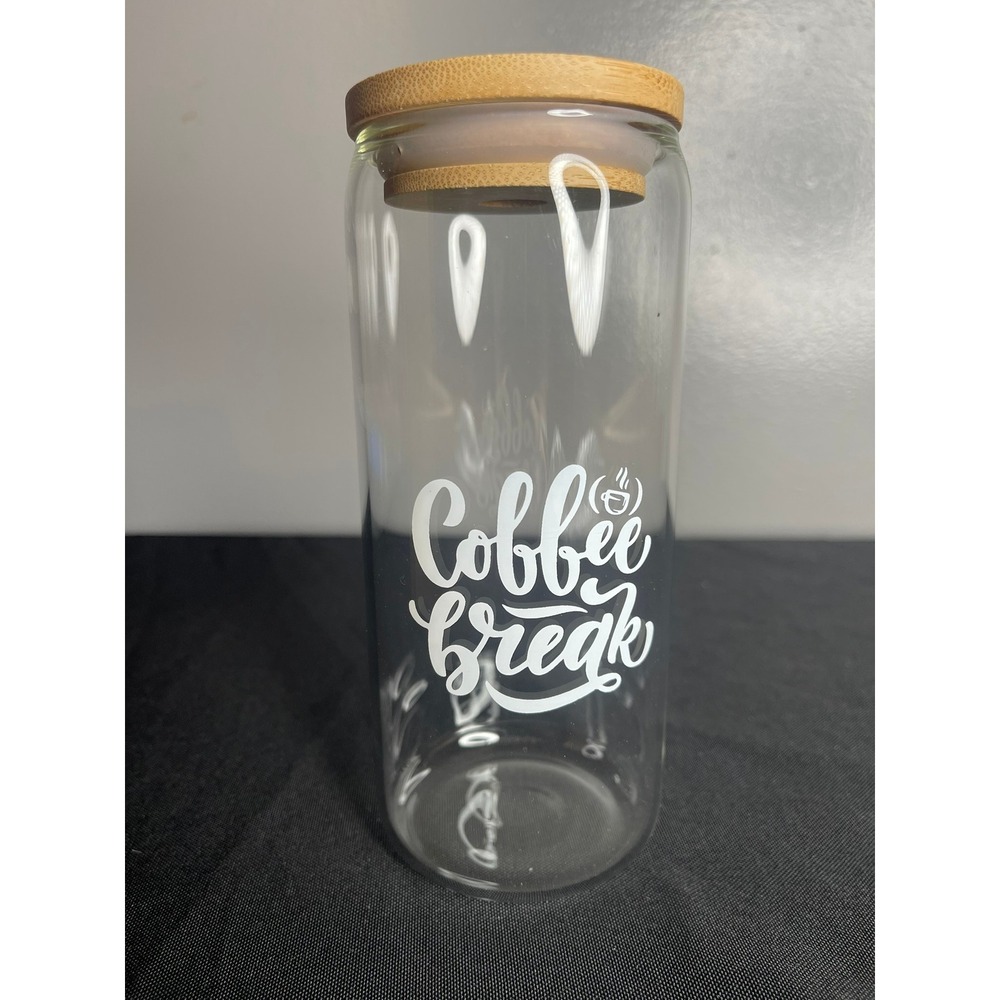 Clear Glass Coffee Break Can Tumbler with Bamboo Lid 7 Inch Tall Drinkware